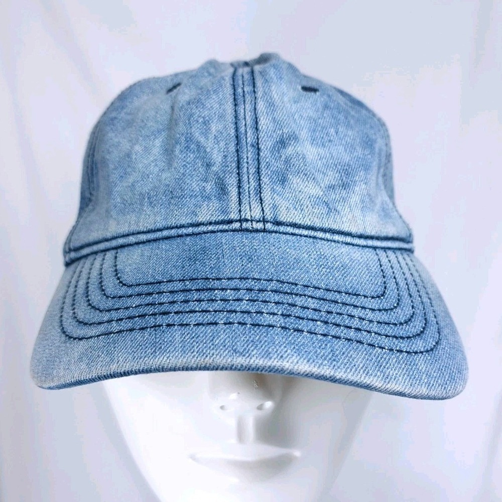 Acid Wash Denim 6 Panel Baseball Cap Blue Adjustable Leather Strap Dad Hat